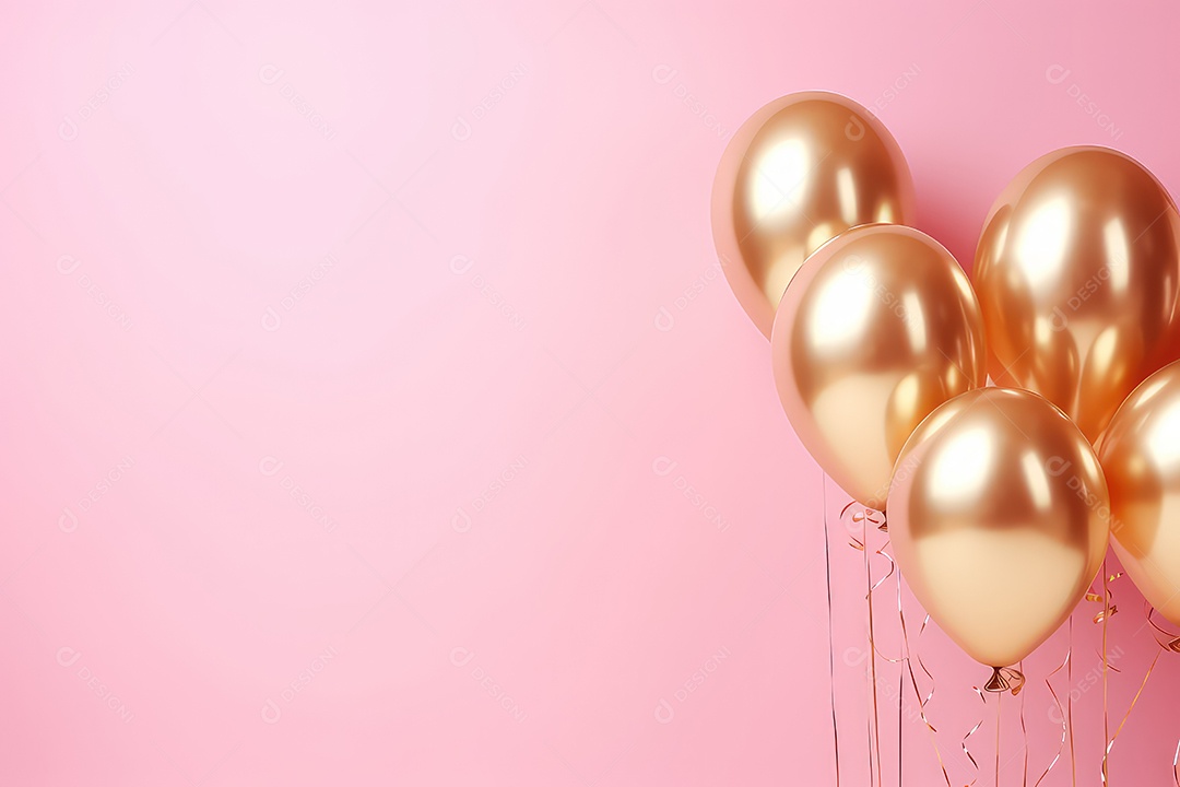 Balões dourados com fitas em fundo rosa