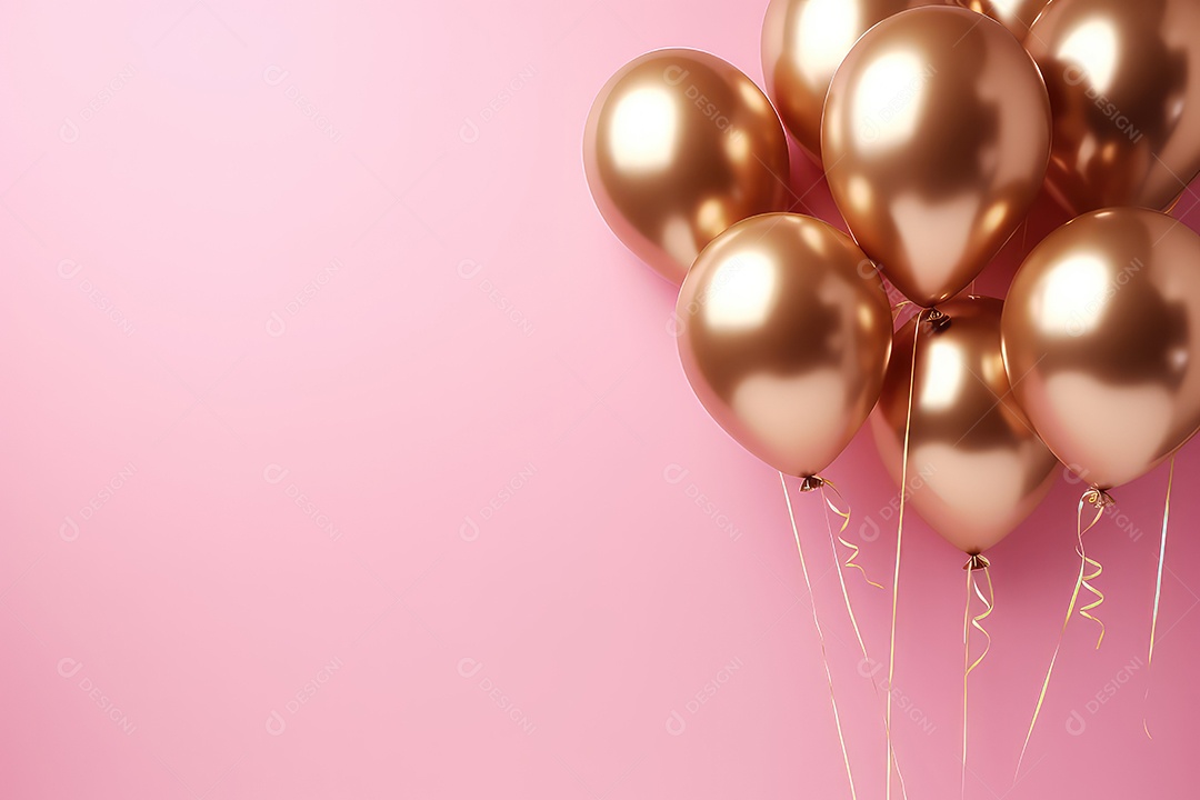 Balões dourados com fitas em fundo rosa