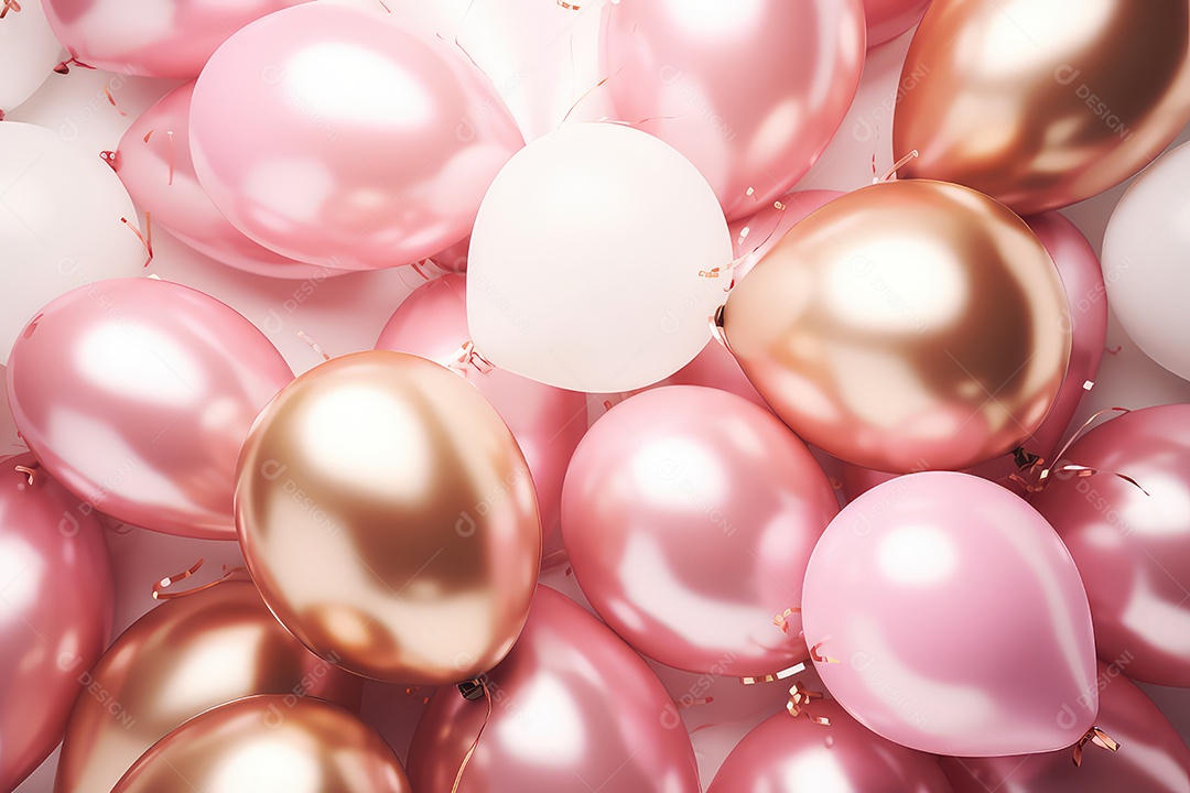 Balões dourados com fitas em fundo rosa