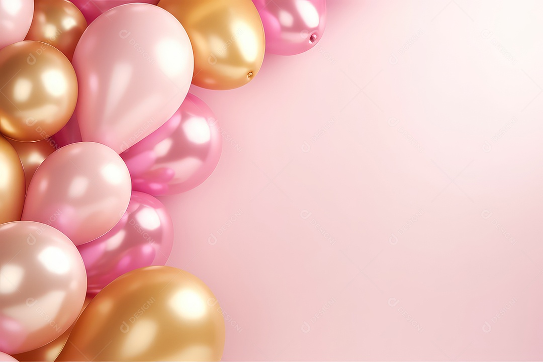 Balões dourados com fitas em fundo rosa