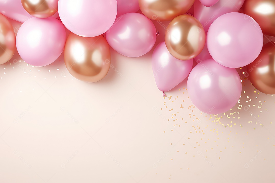 Balões dourados com fitas em fundo rosa