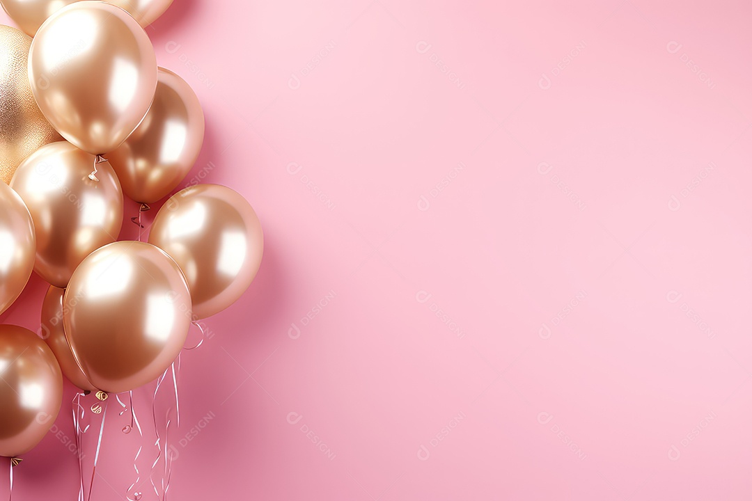 Balões dourados com fitas em fundo rosa