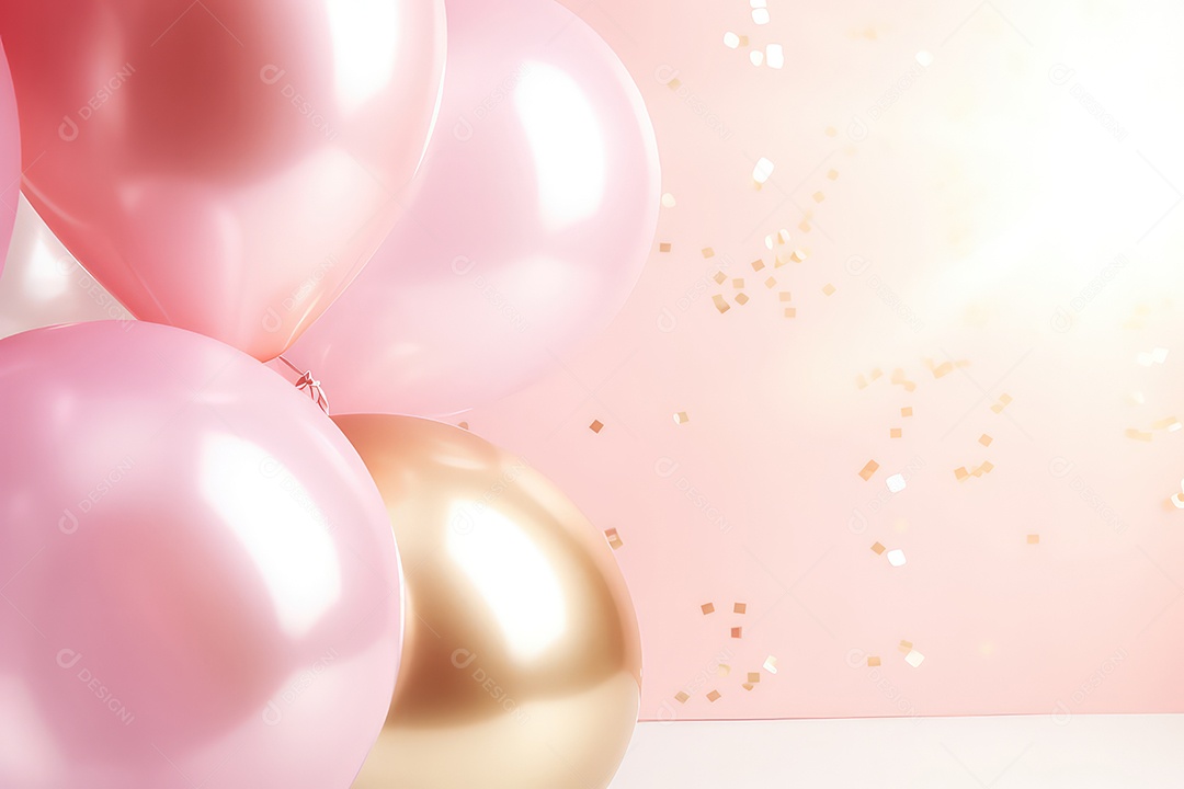 Balões dourados com fitas em fundo rosa