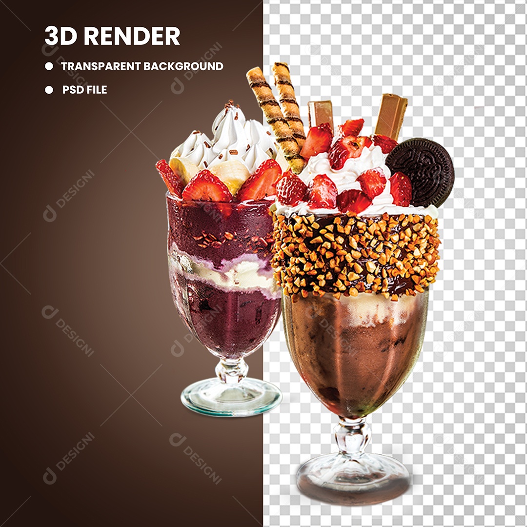 Elemento 3D Taça Com Sorvete e Açai Para Composição PSD