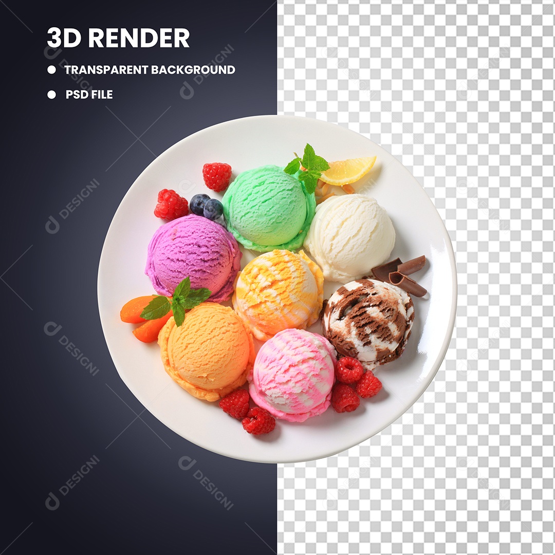 Elemento 3D Prato Com 7 Bolas De Sorvetes Para Composição PSD