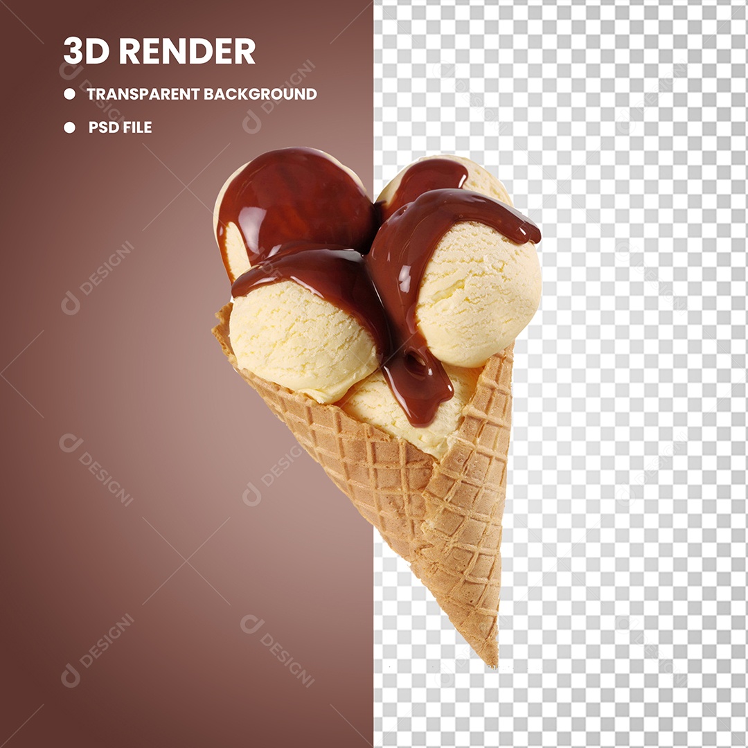Elemento 3D Sorvete De Cascão Bolas Cobertura Chocolate PSD Editável