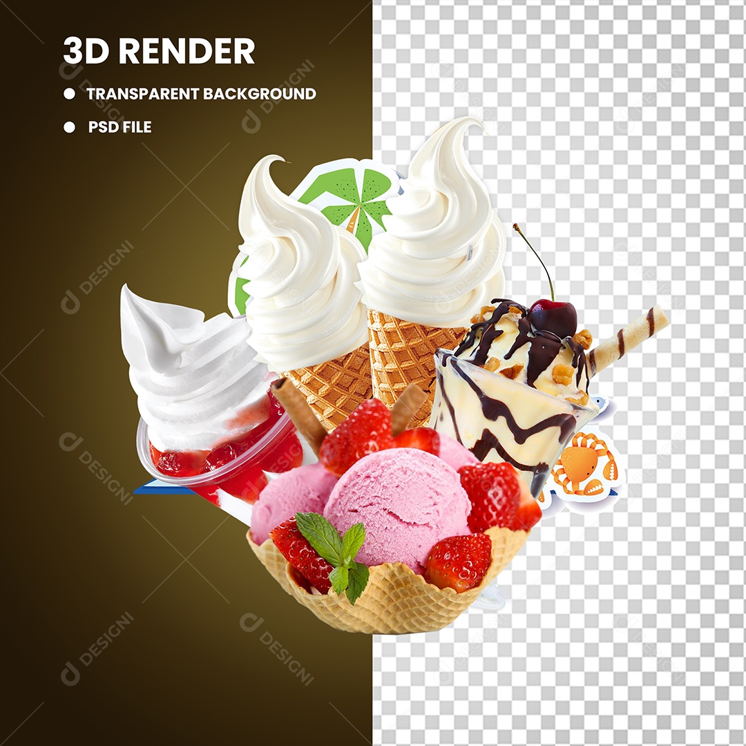 Elemento 3D Sorveteria Tipos Para Composição PSD