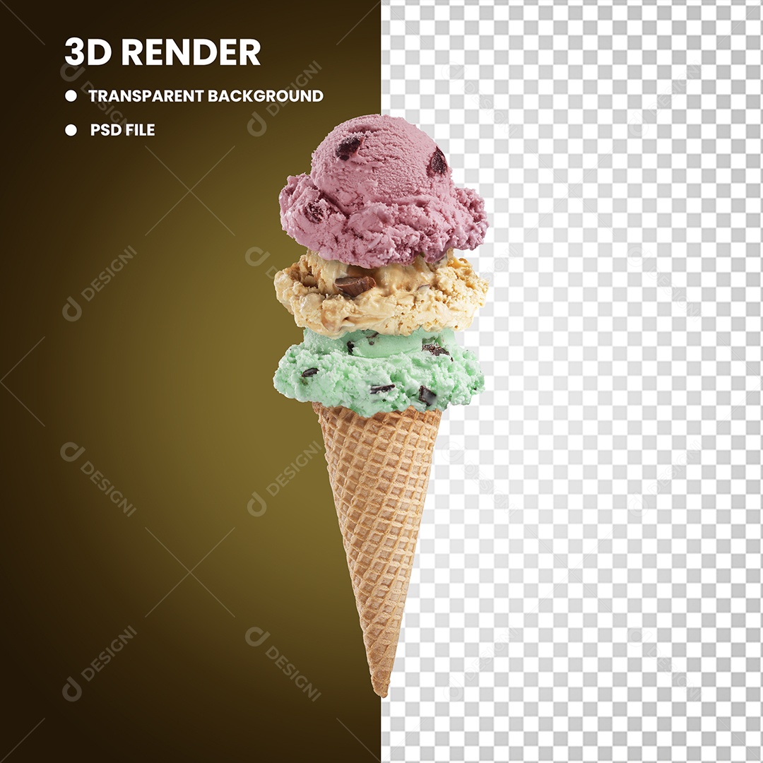 Sorvete De Casquinha 3 Bolas Elemento 3D Para Composição PSD