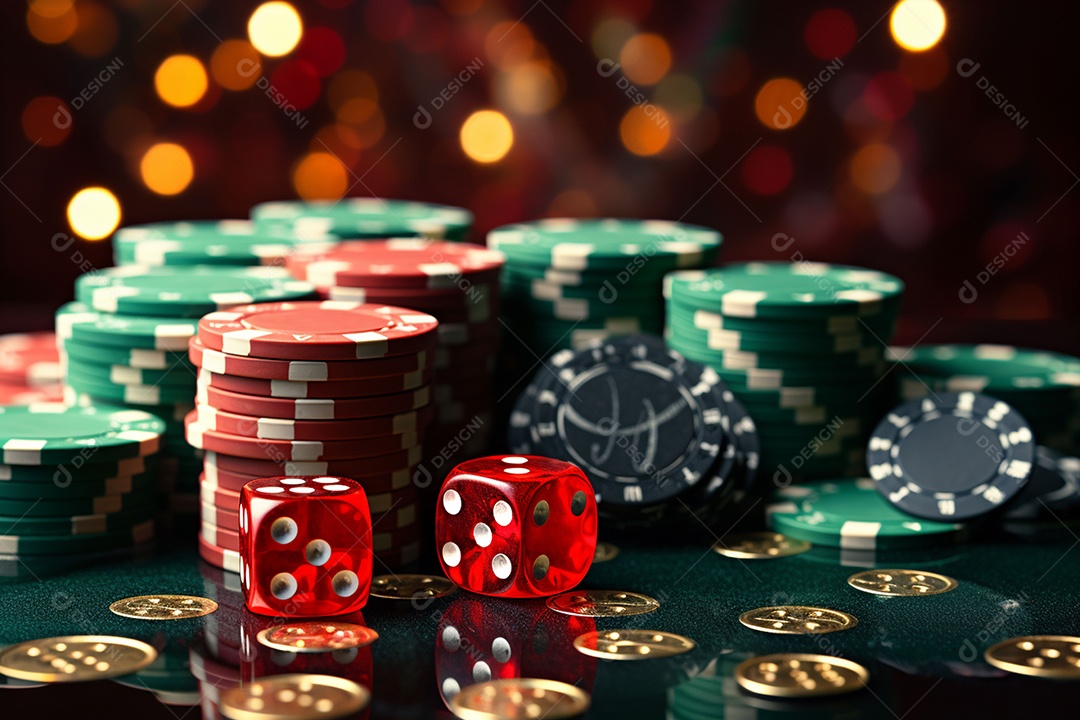 Dados vermelhos e fichas sob um cassino