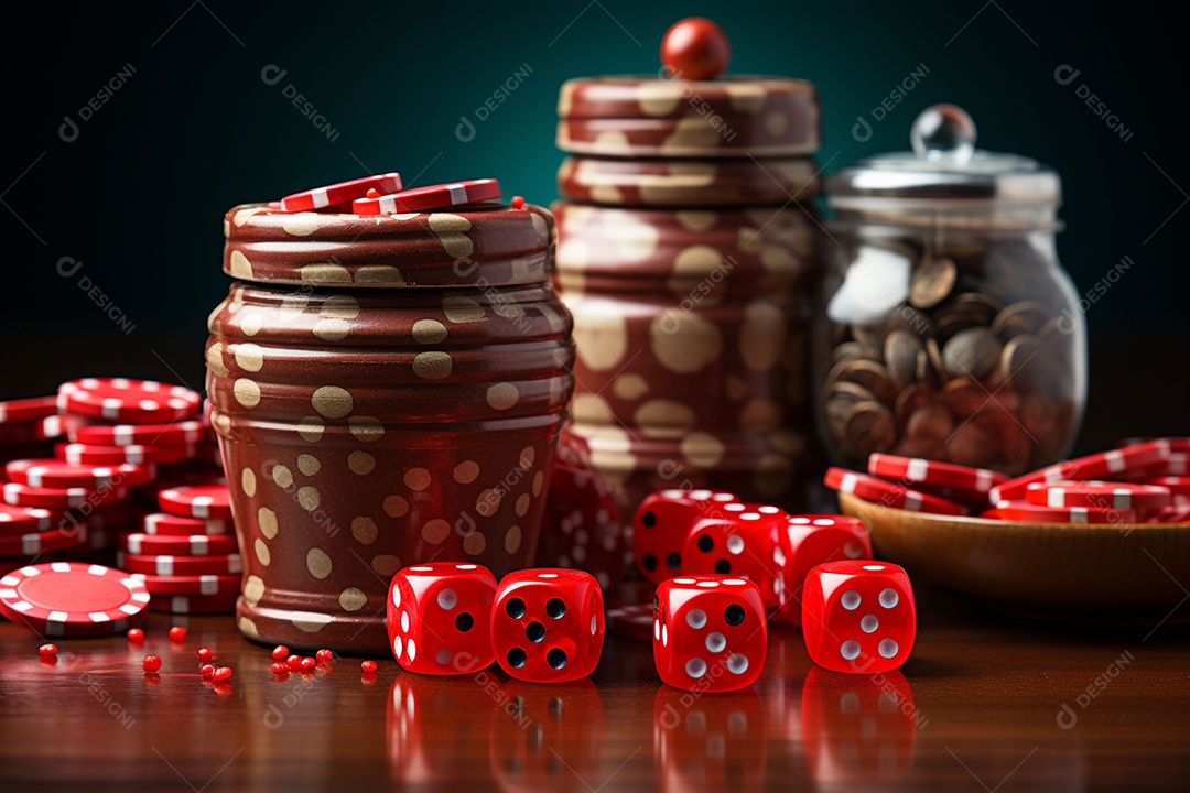 Dados vermelhos e fichas sob um cassino