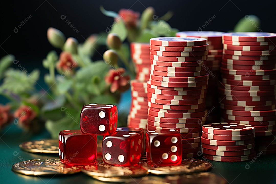 Dados vermelhos e fichas sob um cassino