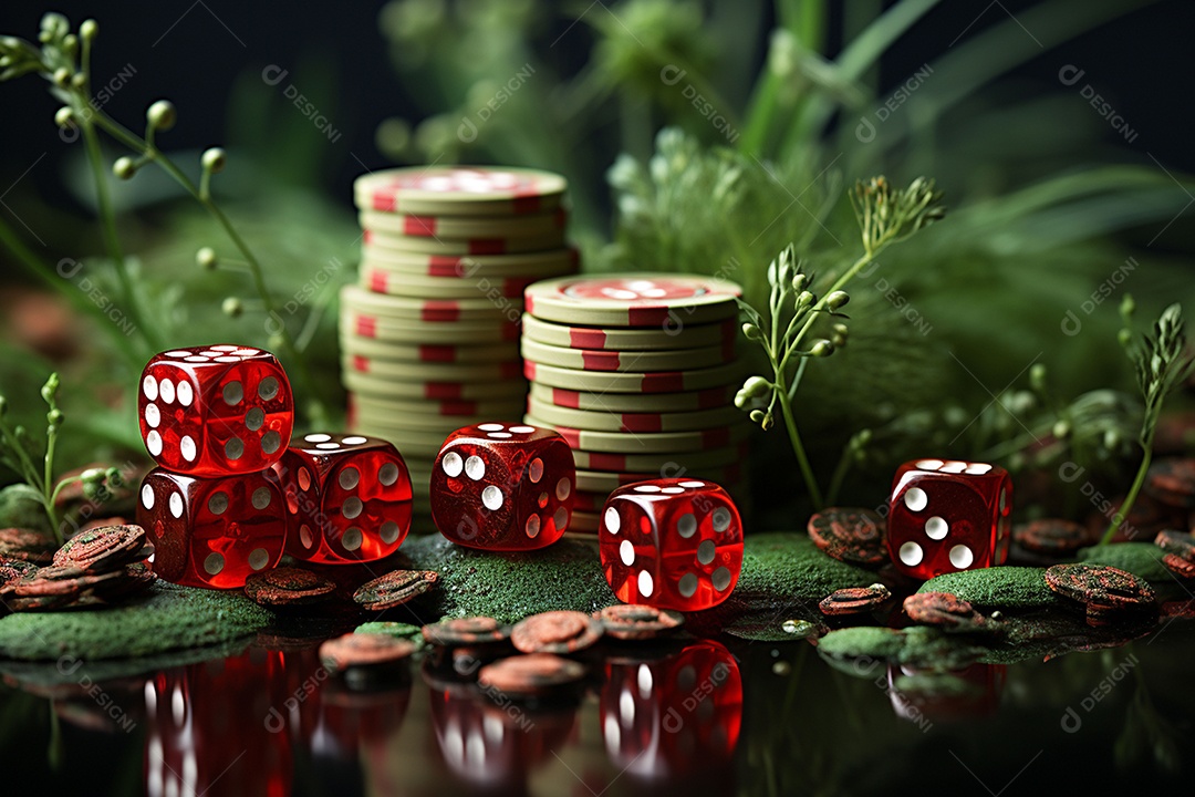 Dados vermelhos e fichas sob um cassino