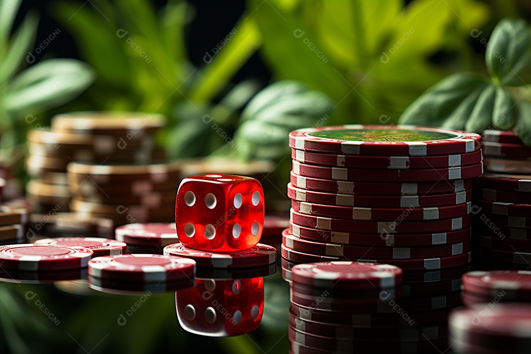 Dados vermelhos e fichas sob um cassino