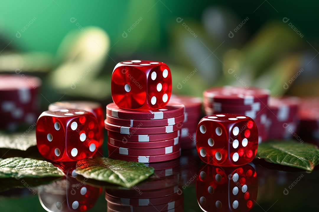 Dados vermelhos e fichas sob um cassino