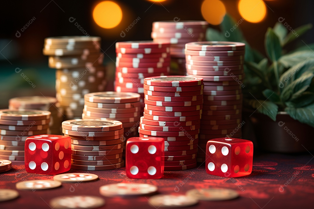 Dados vermelhos e fichas sob um cassino