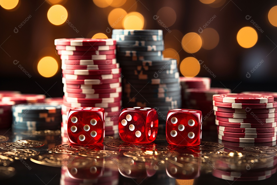 Dados vermelhos e fichas sob um cassino