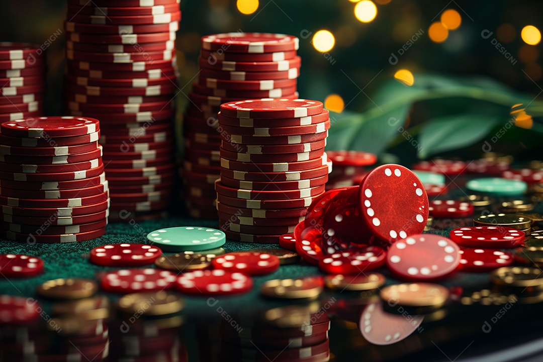 Dados vermelhos e fichas sob um cassino