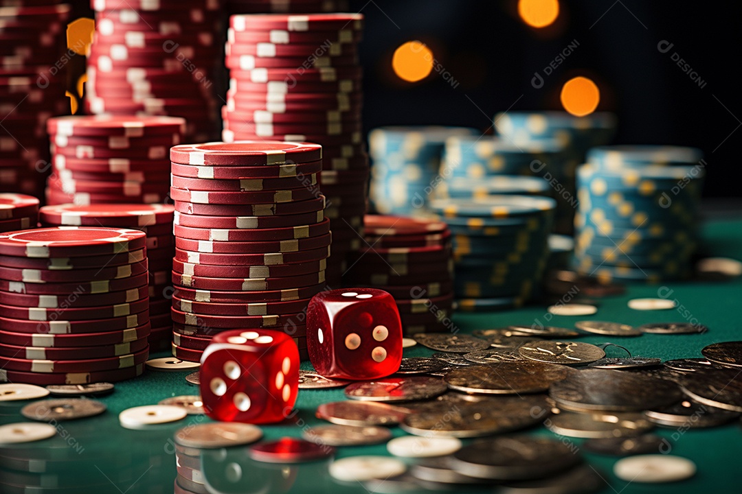 Dados vermelhos e fichas sob um cassino