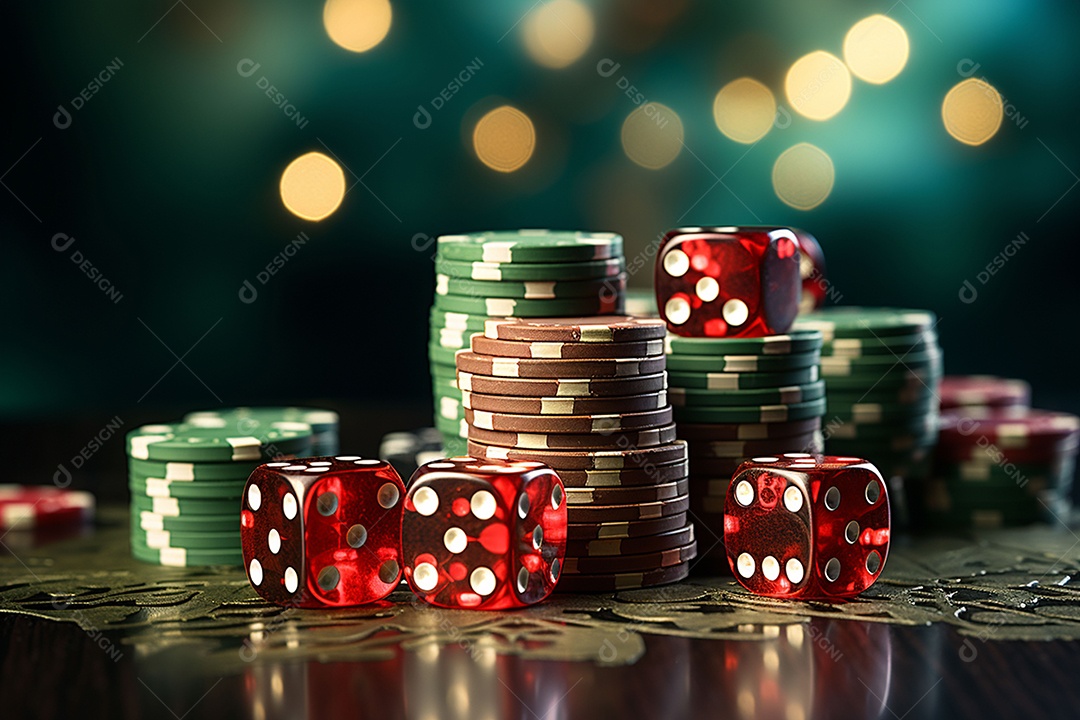 Dados vermelhos e fichas sob um cassino