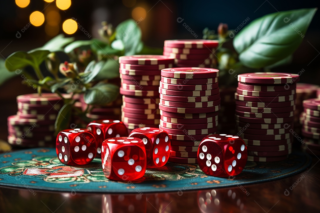 Dados vermelhos e fichas sob um cassino