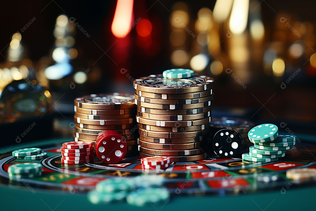 Dados vermelhos e fichas sob um cassino