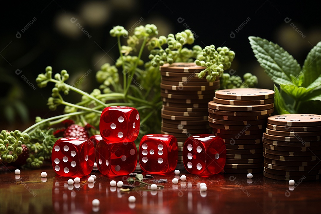 Dados vermelhos e fichas sob um cassino