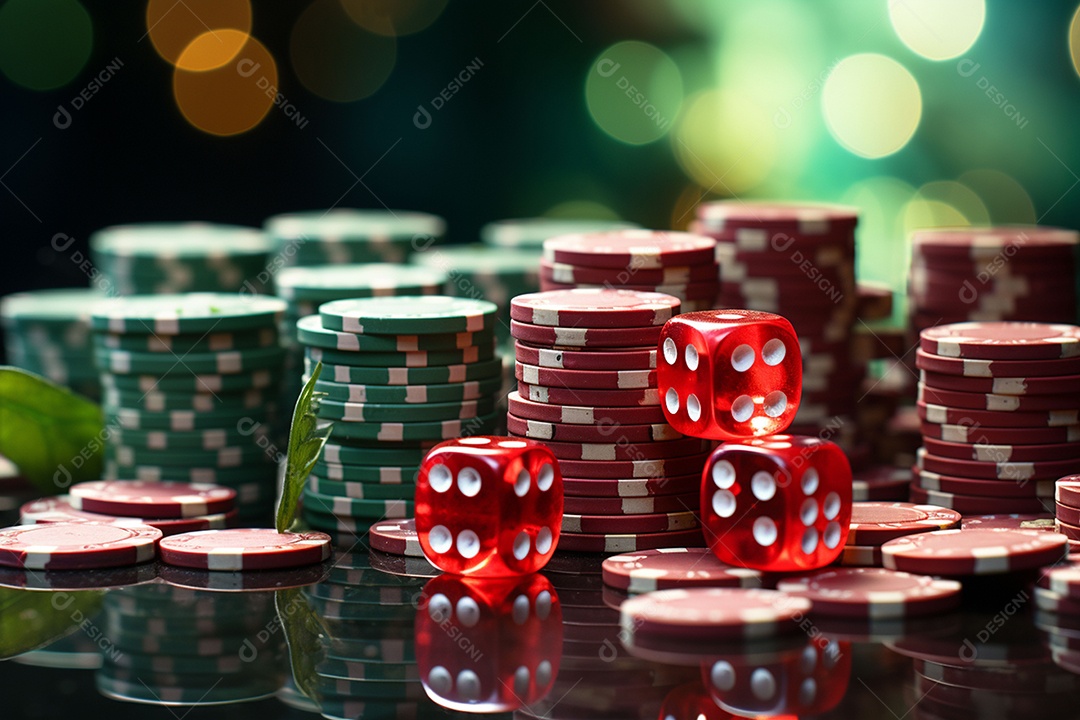 Dados vermelhos e fichas sob um cassino
