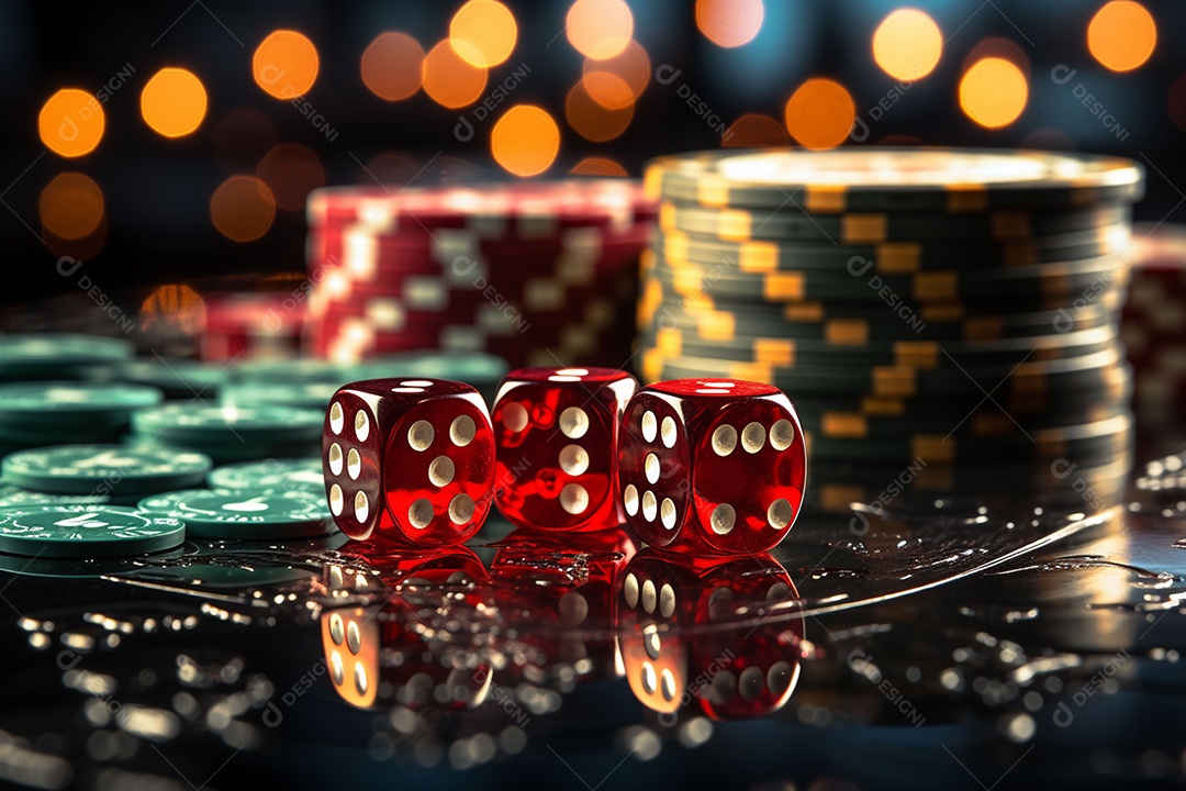 Dados vermelhos e fichas sob um cassino