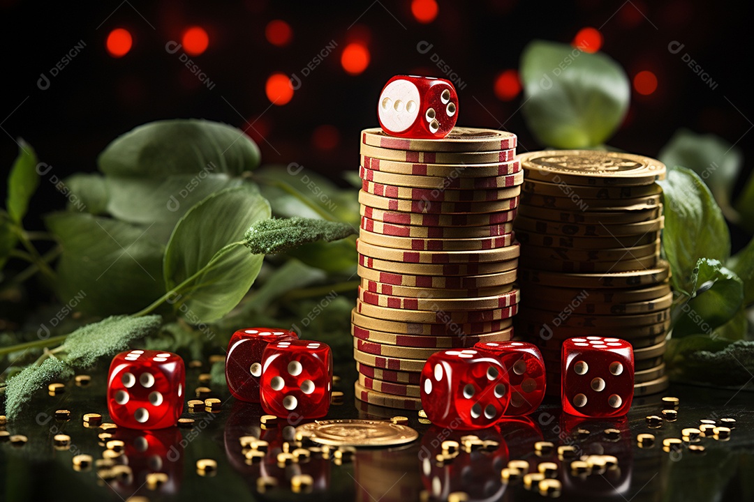 Dados vermelhos e fichas sob um cassino