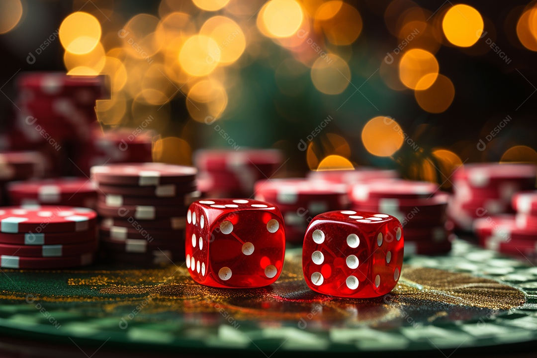Dados vermelhos e fichas sob um cassino