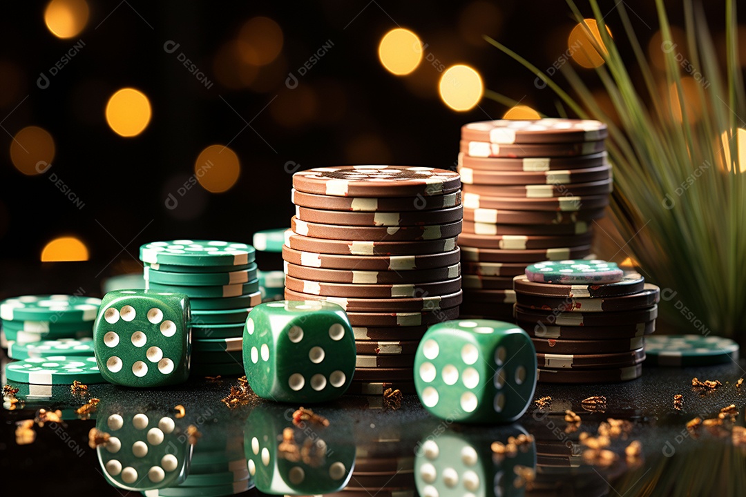 Dados vermelhos e fichas sob um cassino