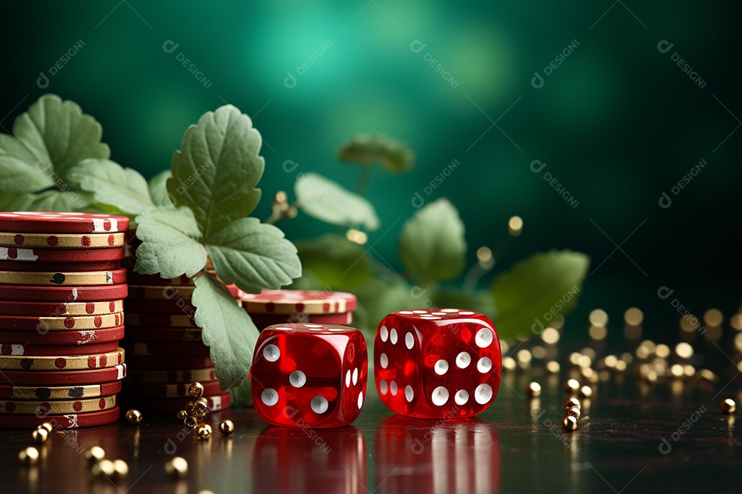 Dados vermelhos e fichas sob um cassino