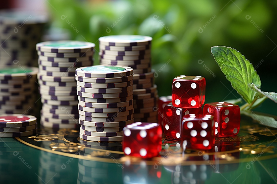 Dados vermelhos e fichas sob um cassino