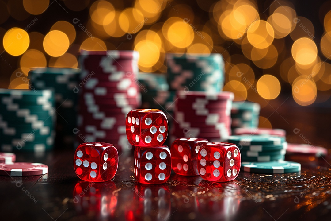 Dados vermelhos e fichas sob um cassino
