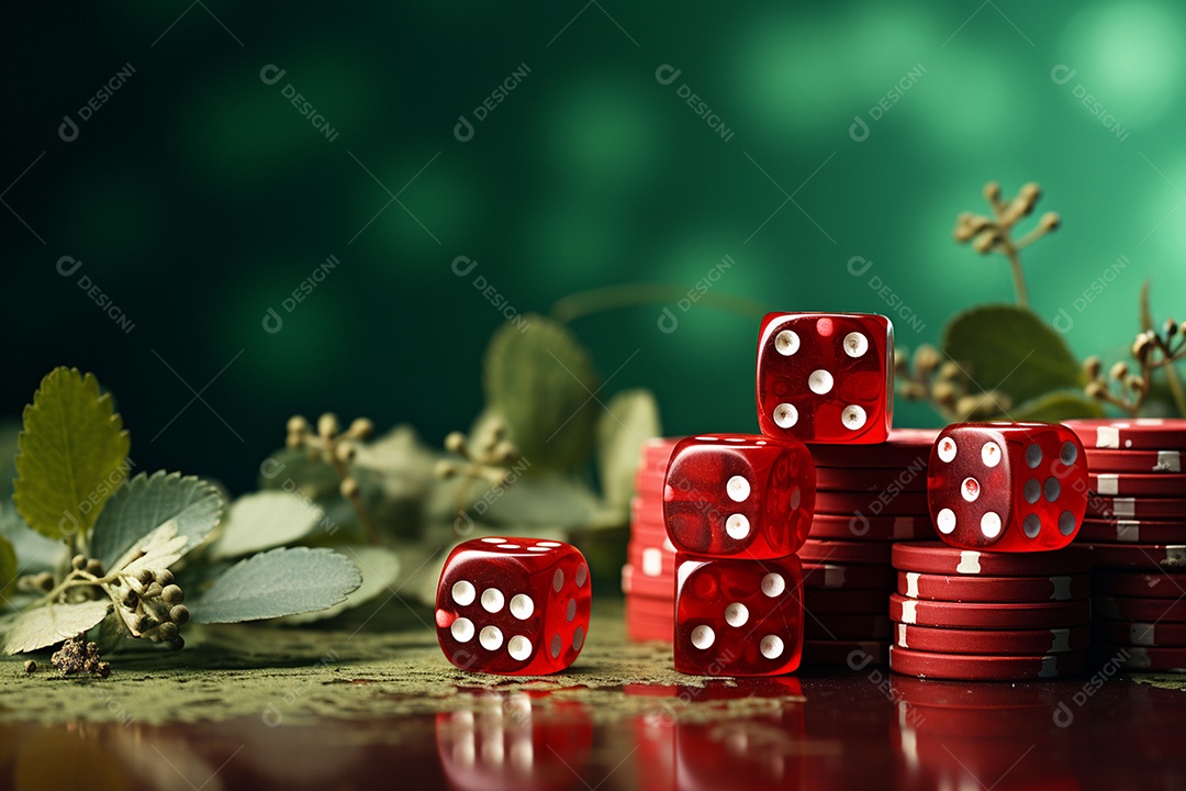 Dados vermelhos e fichas sob um cassino