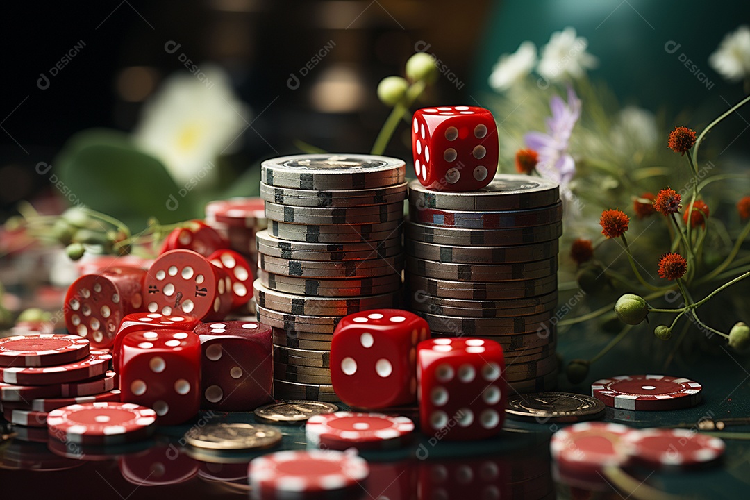 Dados vermelhos e fichas sob um cassino