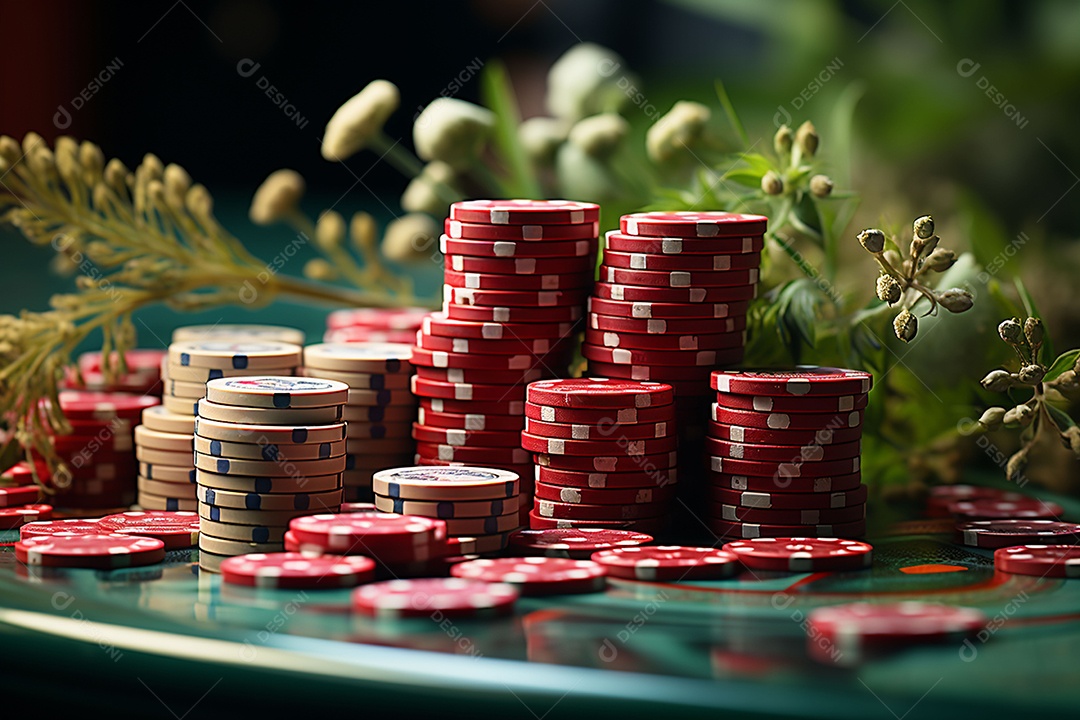 Dados vermelhos e fichas sob um cassino