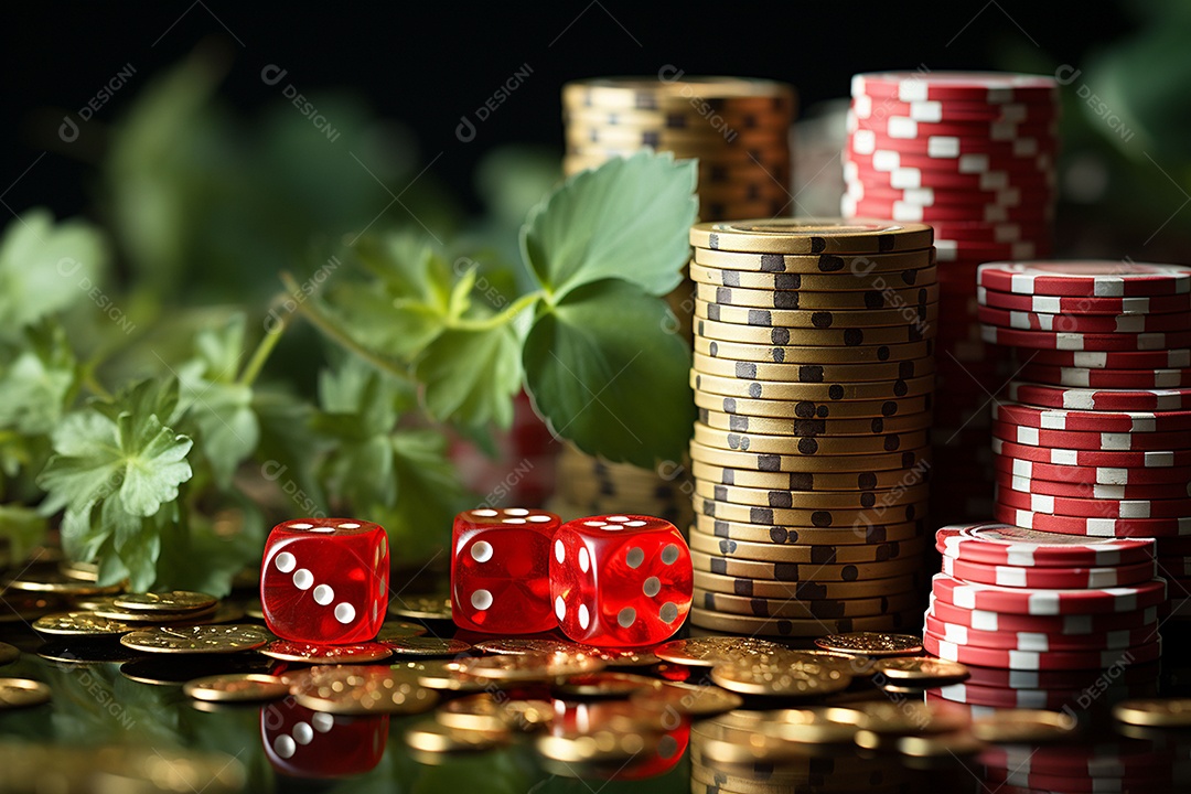 Dados vermelhos e fichas sob um cassino