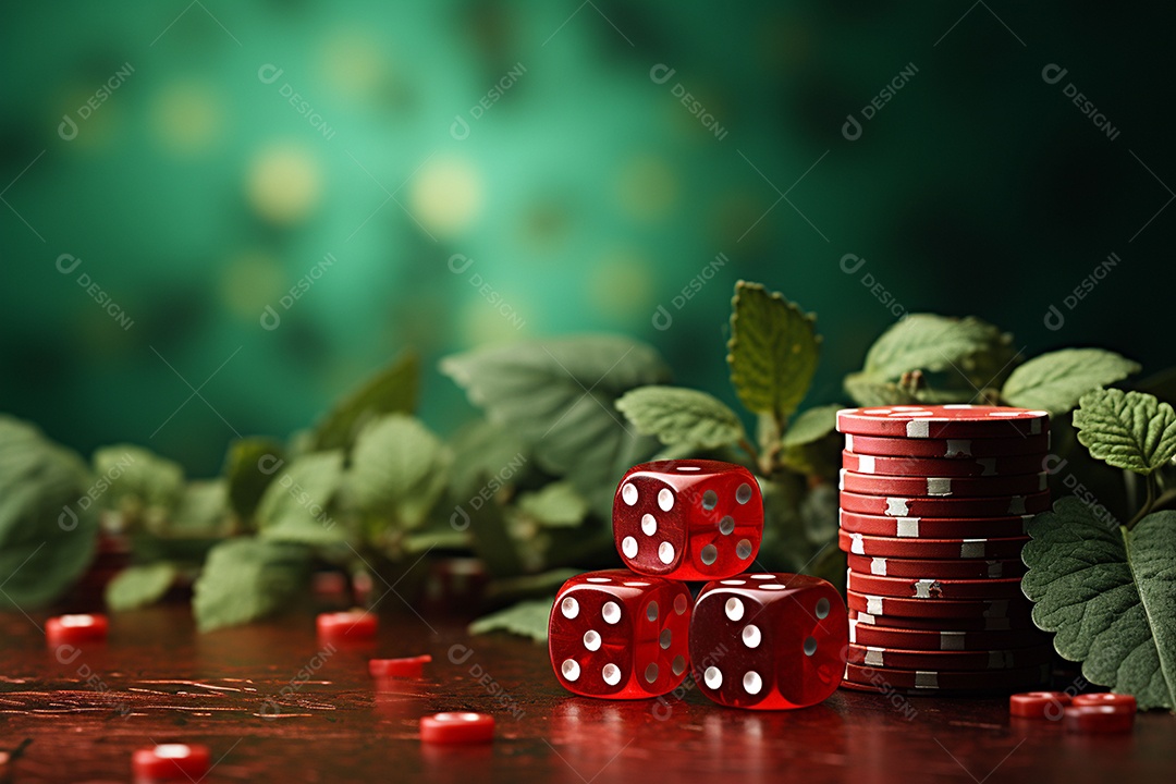 Dados vermelhos e fichas sob um cassino