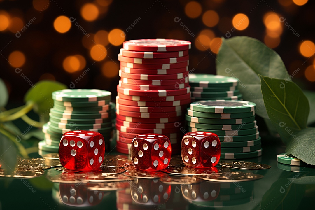 Dados vermelhos e fichas sob um cassino