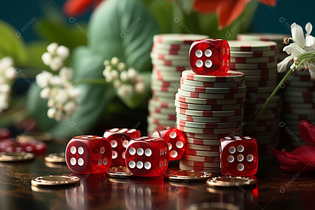 Dados vermelhos e fichas sob um cassino