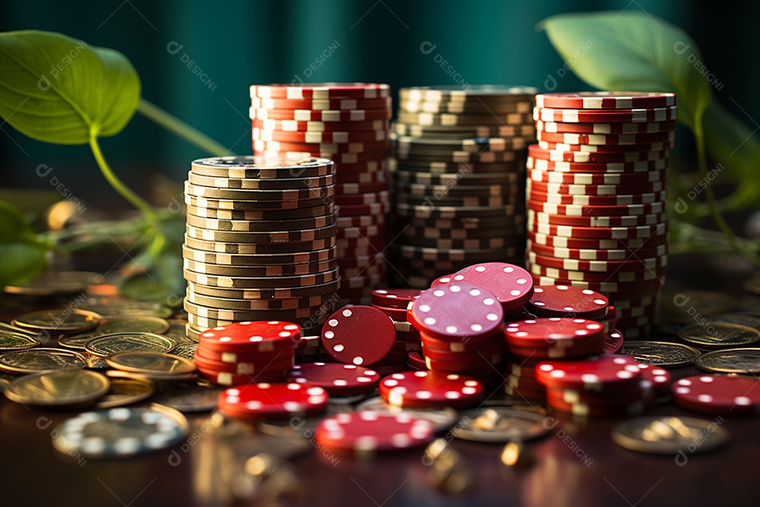 Dados vermelhos e fichas sob um cassino