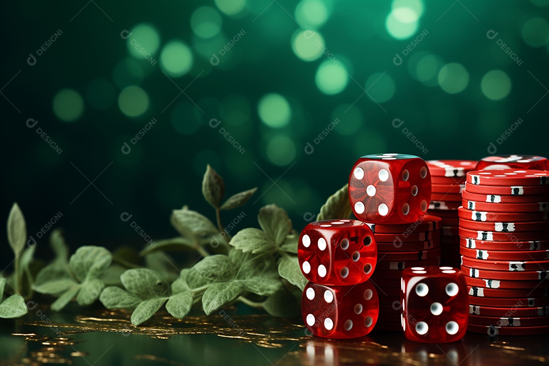Dados vermelhos e fichas sob um cassino