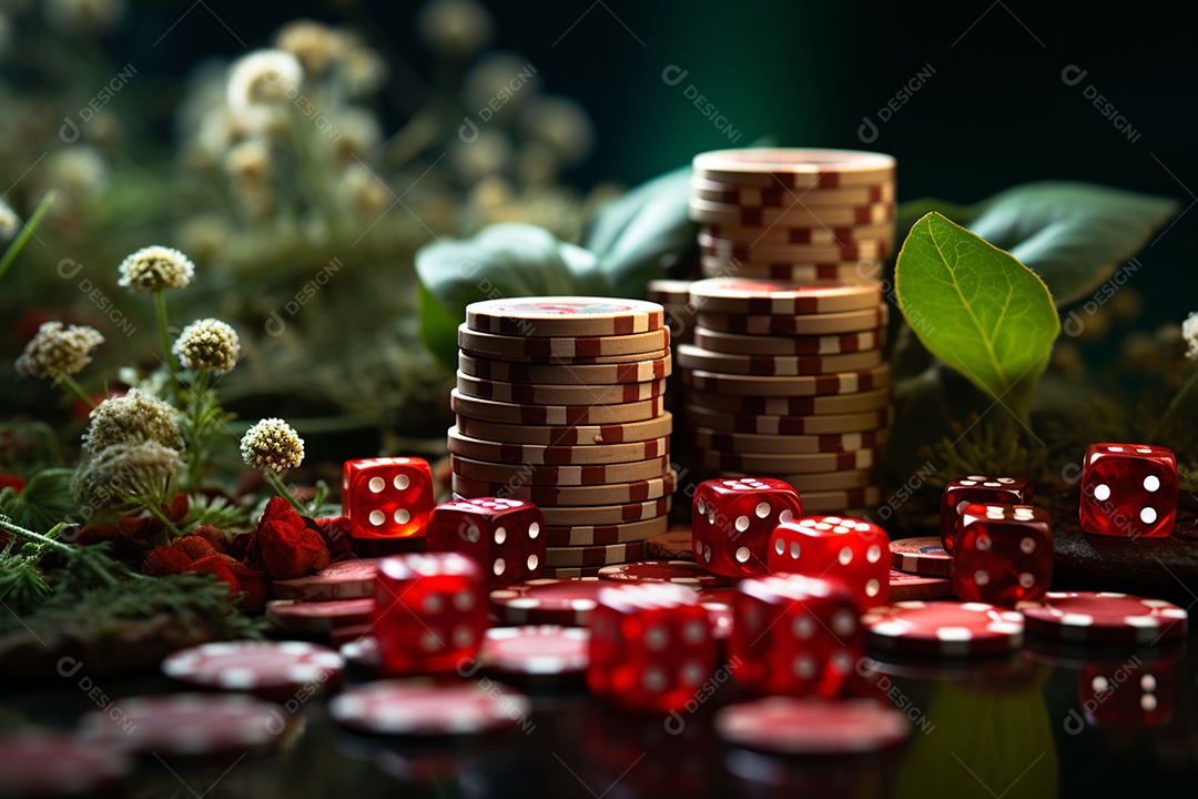 Dados vermelhos e fichas sob um cassino