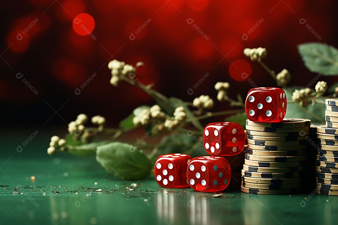 Dados vermelhos e fichas sob um cassino