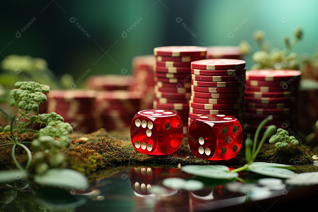 Dados vermelhos e fichas sob um cassino