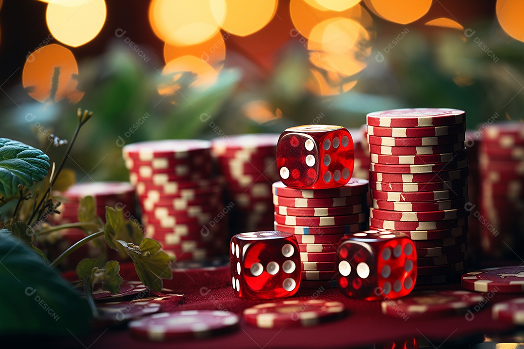 Dados vermelhos e fichas sob um cassino