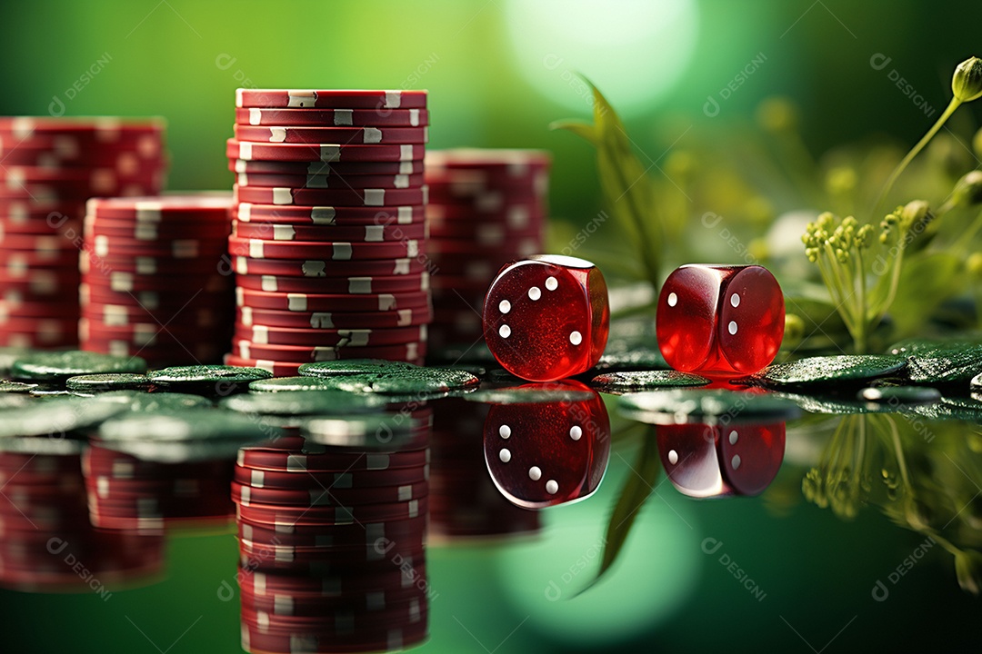 Dados vermelhos e fichas sob um cassino