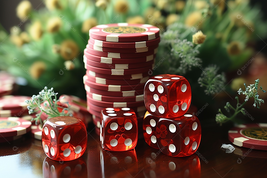 Dados vermelhos e fichas sob um cassino