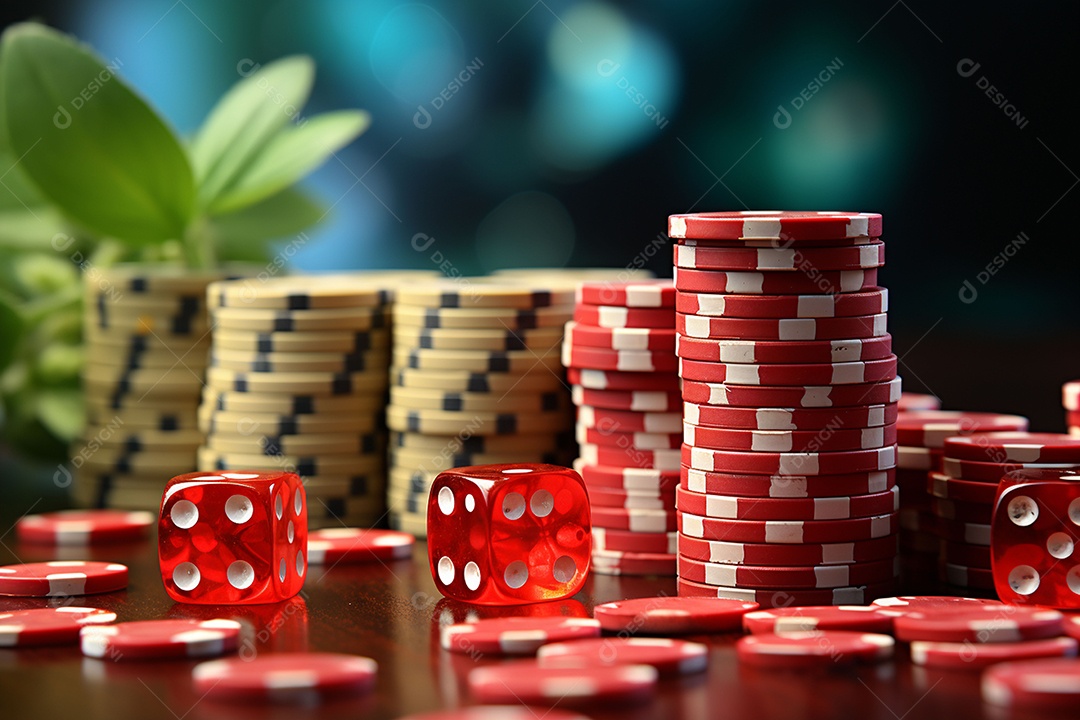 Dados vermelhos e fichas sob um cassino